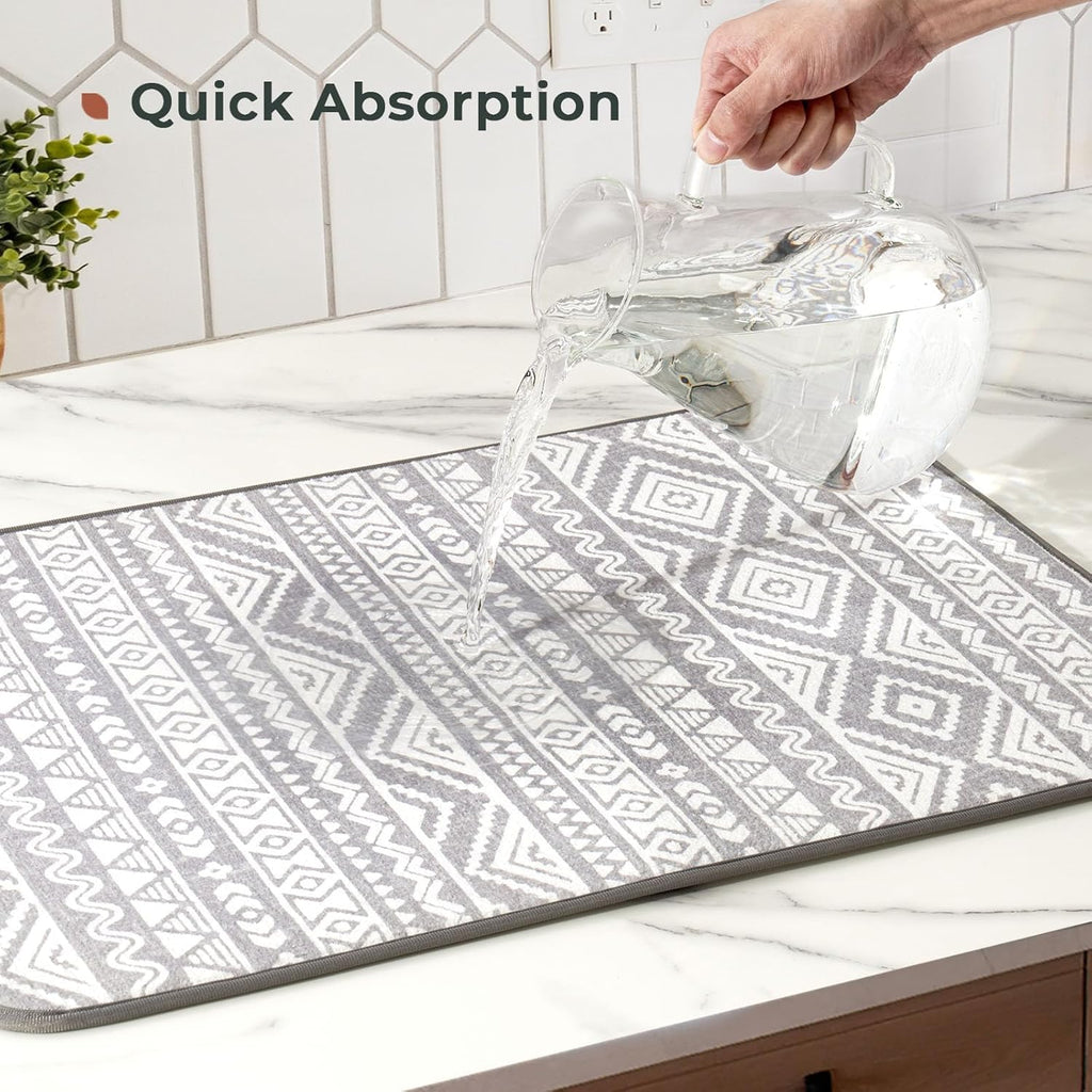 FRESHMINT Printed Dish Drying Mats for Kitchen Counter 2 Pack Absorbent Reversible Drying Mats Microfiber Kitchen Countertop Protector Dishes Drying Pad Extra Large 18"x24" Dish Mat