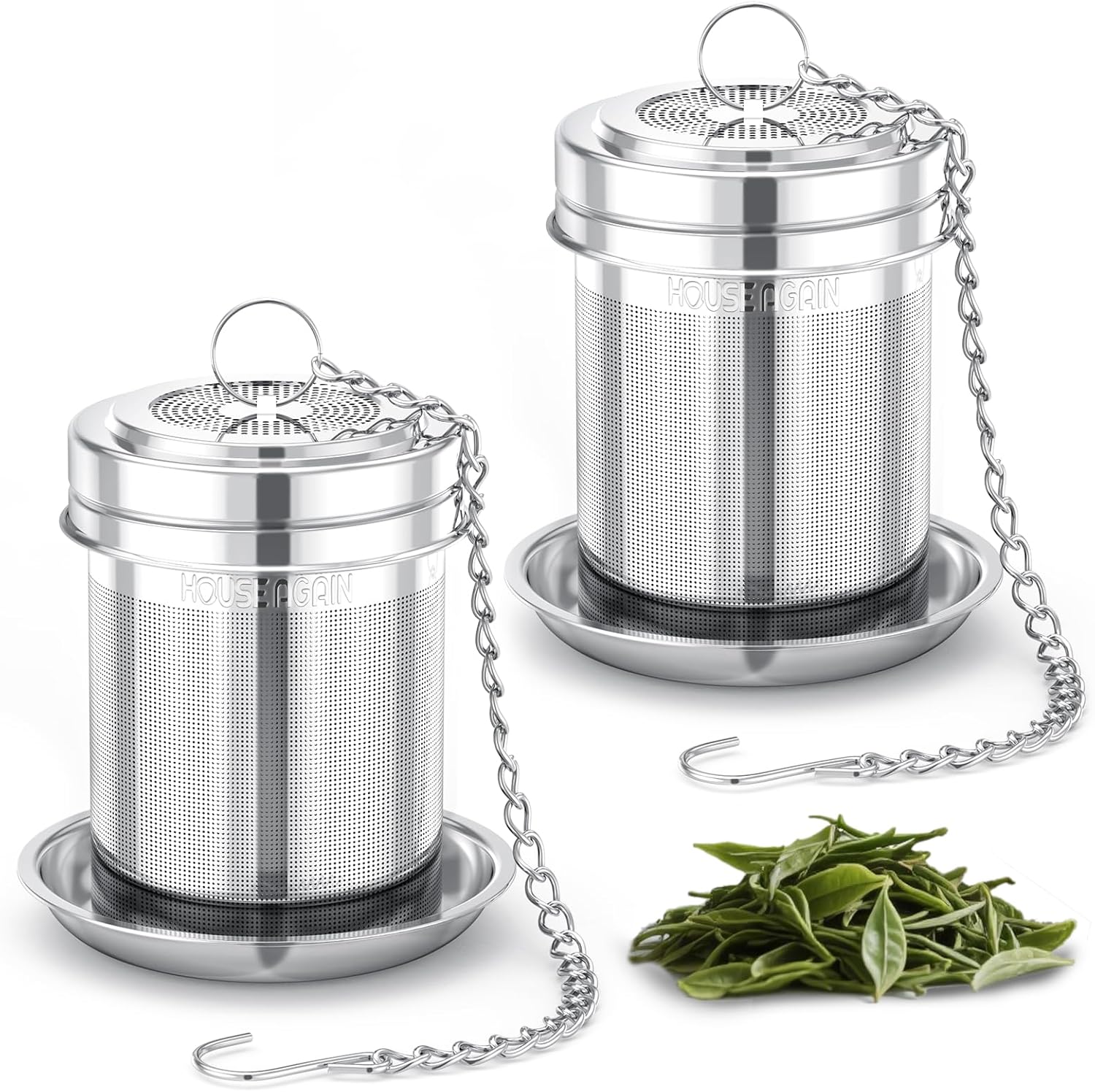 House Again 2 Pack Tea Strainers for Loose Tea, Extra Fine Mesh Tea Infusers, 304 Stainless Steel with Extended Chain Hook, Loose Leaf Tea Steeper, Tea Filter for Brew Tea Spices & Seasoning