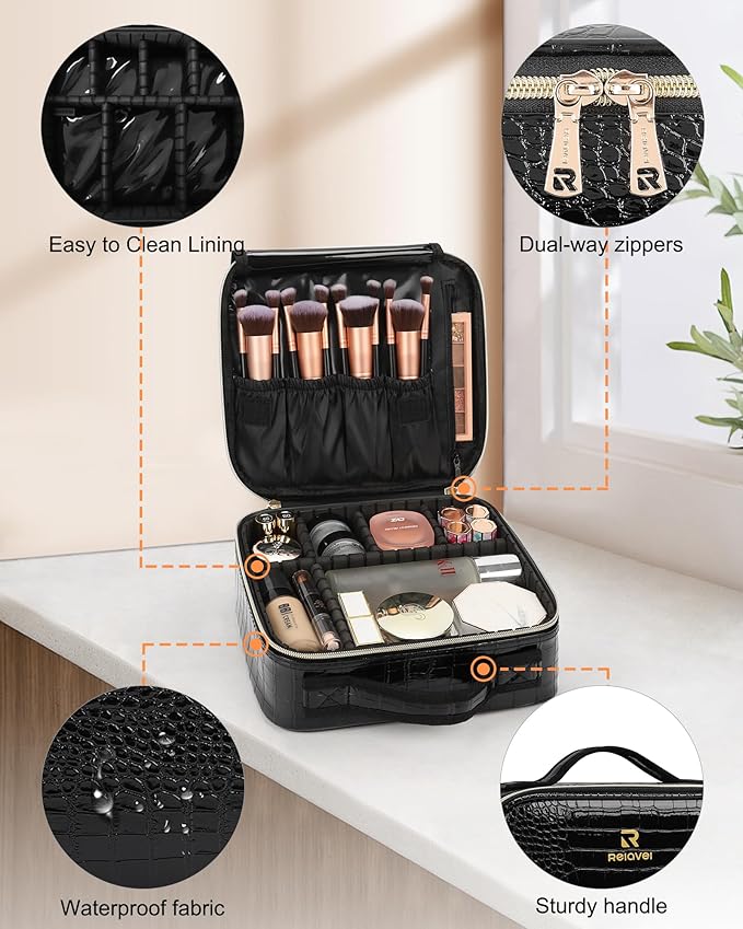 Relavel Travel Makeup Case, Train Case Makeup Brush Organizer, Professional Makeup Artist Makeup Bag, with Adjustable Partition and Shoulder Straps (Crocodile, Small)