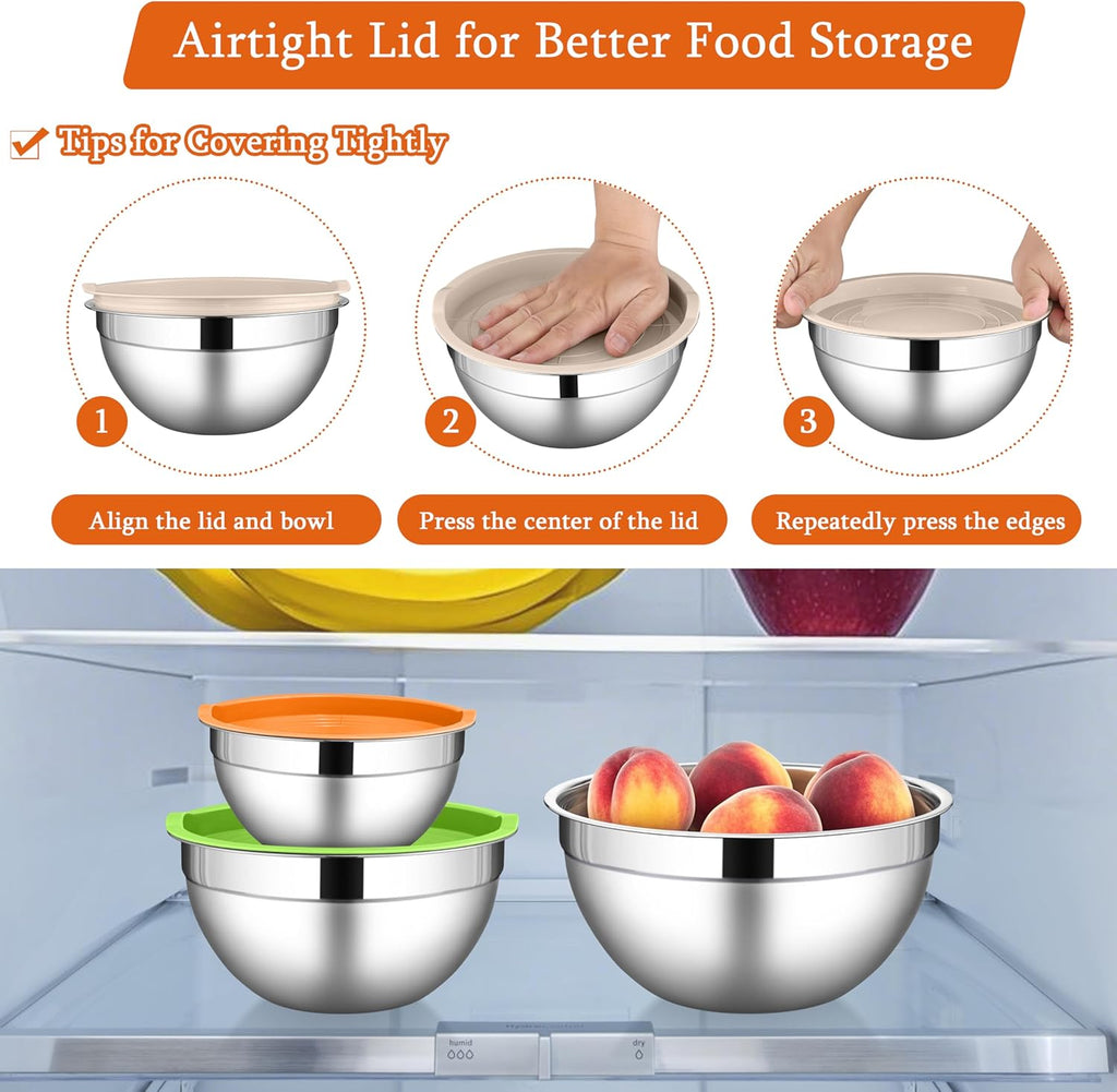 LIANYU Stainless Steel Metal Mixing Bowls, 3 Sizes Large and Small Salad Mixing Bowl Sets, Include Airtight Lids, Ideal for Kitchen Storage, Prepping, Baking, Three-Color