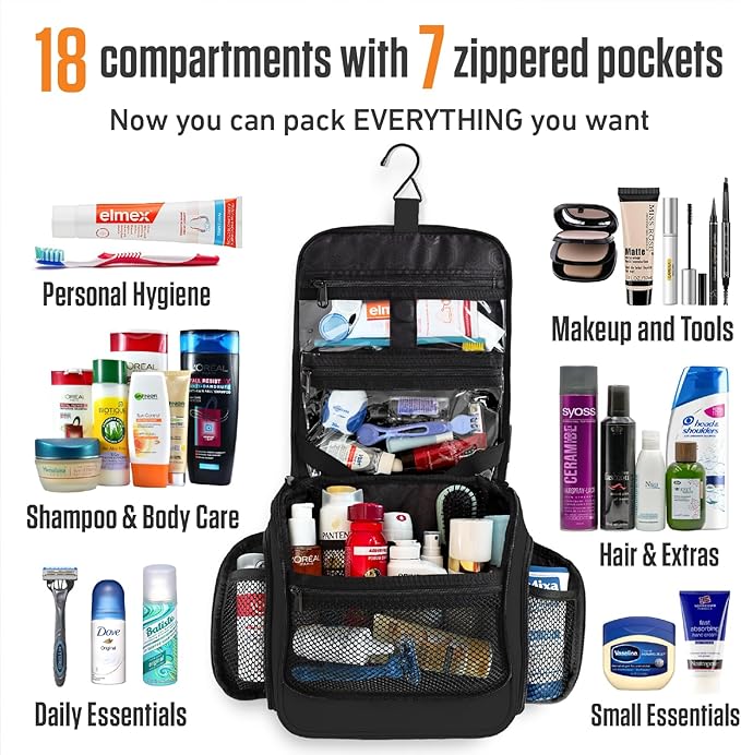 VENTURE 4TH Hanging Travel Toiletry Bag for Women & Men - Travel Organizer with Expandable Compartments & Removable Clear Pouch for Toiletries (Black)