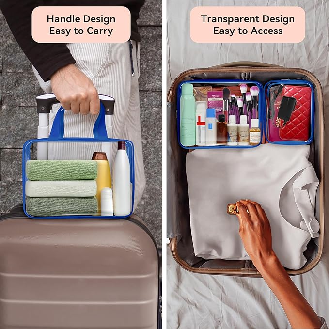 TISRATOK 10 PCS Clear Travel Makeup Toiletry Bag, Plastic PVC Cosmetic TSA Approved Organizer Kit with Zipper Handbag（Blue）