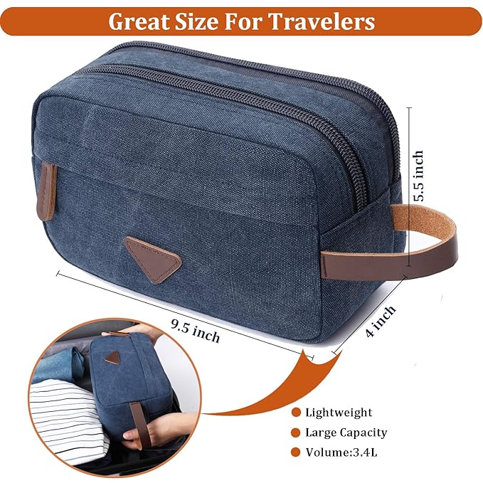 Mactso Mens Travel Toiletry Bag Canvas Leather Cosmetic Makeup Organizer Shaving Dopp Kits with Double Compartments (Blue 1)