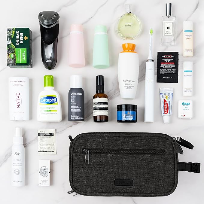 PAVILIA Toiletry Bag for Men, Canvas Travel Dopp Kit, Water Resistant Hygiene Bag Toiletries Organizer, Shaving Kit Travel Accessories Bag, Black