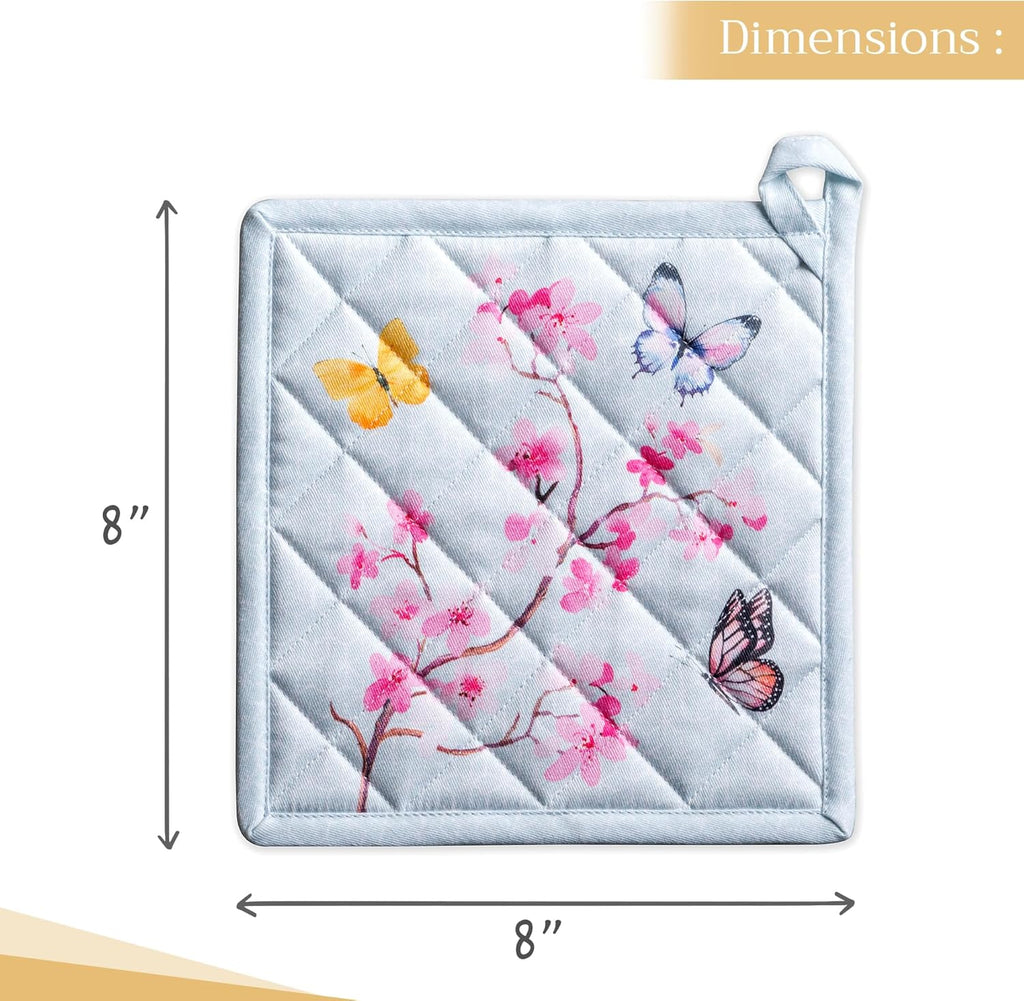 Maison d' Hermine Pot Holders 100% Cotton Heat Resistant Potholders 8" x 8" Hot Pads with Loop BBQ, Cooking, Baking, Grilling, Kitchen, Handling Hot Pans Spring/Summer (Pack of 1, Blossoms in Spring)