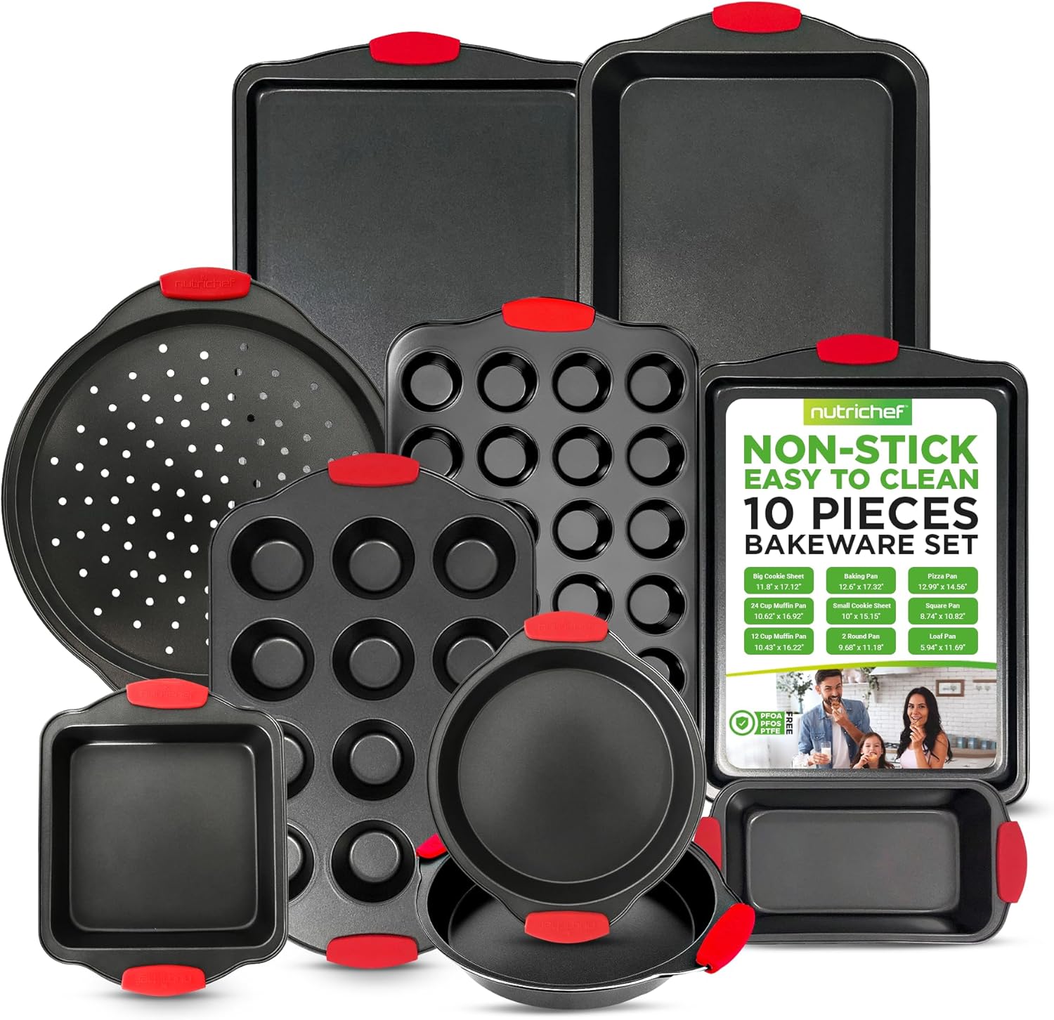 NutriChef Premium 10-Piece Bakeware Set - Flexible Nonstick Carbon Steel, Stylish Red Silicone Handles, Oven Safe Up to 450°F, Dishwasher Safe, Ideal for Baking Cakes, Muffins & More