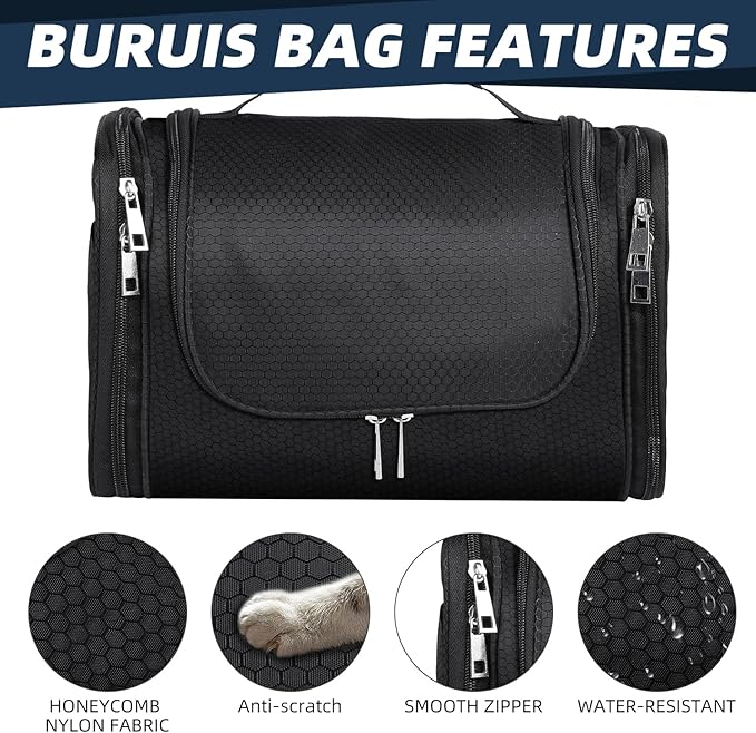 Buruis Large Capacity Toiletry Bag for Women and Men, Hanging Toiletry Organizer Cosmetics Makeup Bag, Water-resistant Dopp Kit Shaving Bags for Full Sized Toiletries, Travel Essentials (Black)
