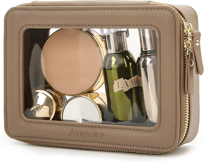Aveniee Clear Makeup Bag for Women, Travel Cosmetic Case Toiletry Bag, Heavy Duty Makeup Organizer Car Bag for Accessories with Gold Zippers(Taupe)