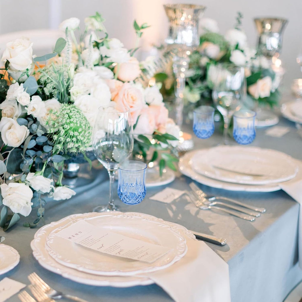 24 PCS Blue Stemless Wine Glasses，Plastic Reusable Cups 9OZ Vintage Drinking Glasses Tumblers for Whisky, Beer, Juice, Beverages, Cocktai