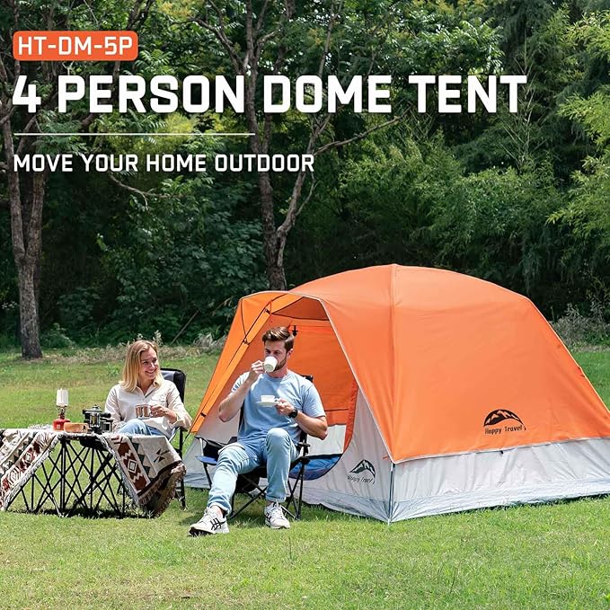 Happy Travel Camping Tent, 4 Person Dome Tents for Camping with Rainfly, Waterproof Clip Easy Setup Portable Family Tent with Mesh Windows, 20% More Headroom Backpacking Tents for Camping & Hiking