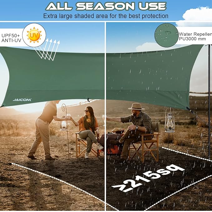 Camping Tarp, 14 X 12FT Tarp with 2 Poles, Waterproof & Lightweight Tent Tarp Car Awning, UV UPF50+ Rain Fly Sun Shelter Can Used with Hammock in Outdoor, Garden and Backpacking