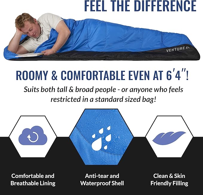VENTURE 4TH Backpacking Sleeping Bag – XXL, Double and Single Sizes - Lightweight Warm & Cold Weather Sleeping Bags for Adults, Kids & Couples – Ideal for Hiking, Camping & Outdoor Adventures