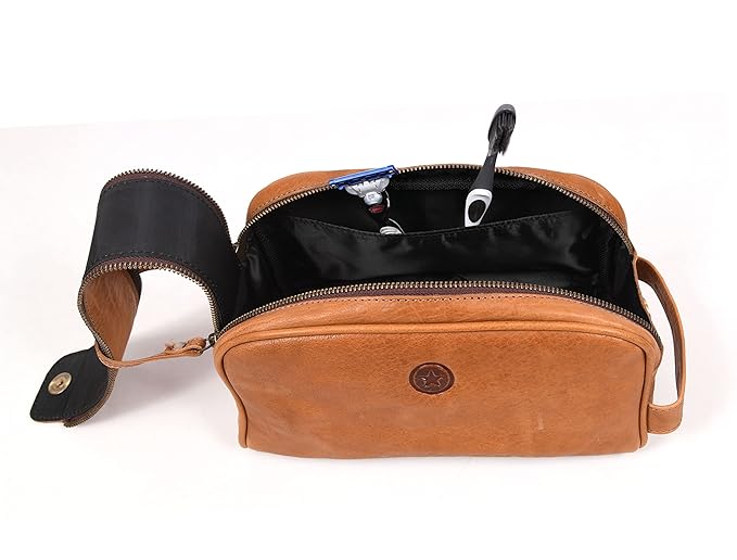 10" Premium Leather Toiletry Travel Pouch With Waterproof Lining | King-Size Handcrafted Vintage Dopp - Kit ~ Gift for Father's Day By Aaron Leather Goods