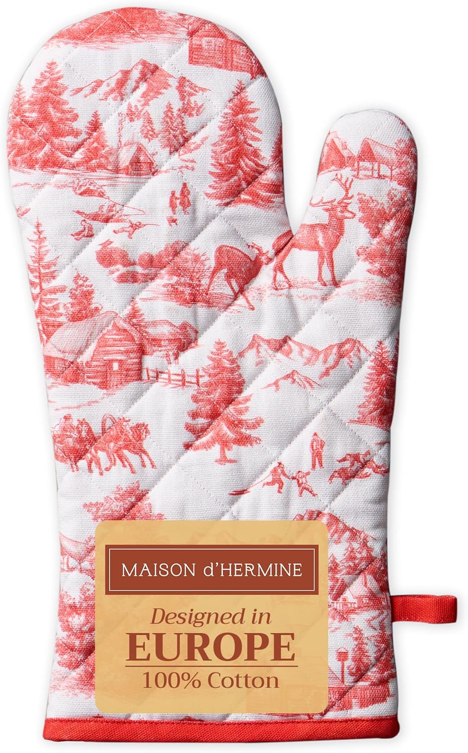 Maison d' Hermine Oven Gloves 100% Cotton Oven Mitt 7" x 13" with Loop Heat Resistant, BBQ, Cooking Gloves, Baking, Grilling, Kitchen, Handling Hot Pans (Pack of 1, Winter Jouy)