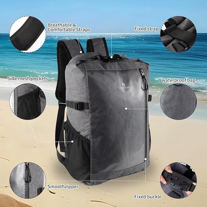 Dry Bag Backpack,25L Dry bags waterproof Kayaking, Waterproof bag with Waist Pouch and Phone Case,Waterproof Backpack Marine dry bag for Kayaking, Beach, Rafting, Boating (Gray)