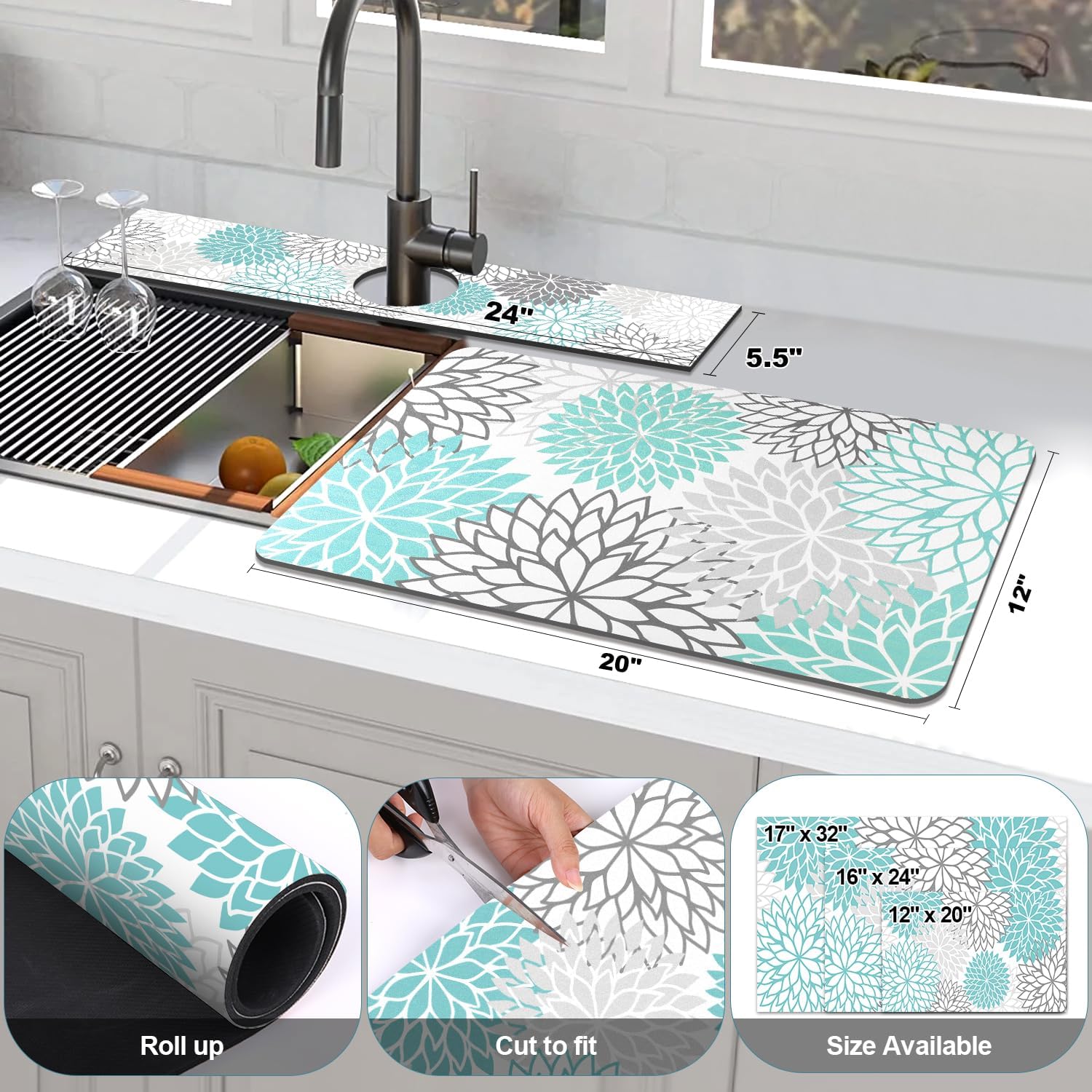 Findosom 2PCS 12" x 20" Dish Drying Mat & 24" x 5.5" Sink Splash Guard, Super Absorbent & Cuttable Dish Mat Drying Kitchen Mat with Teal Floral, Hide Stain Drying Mat for Kitchen Counter