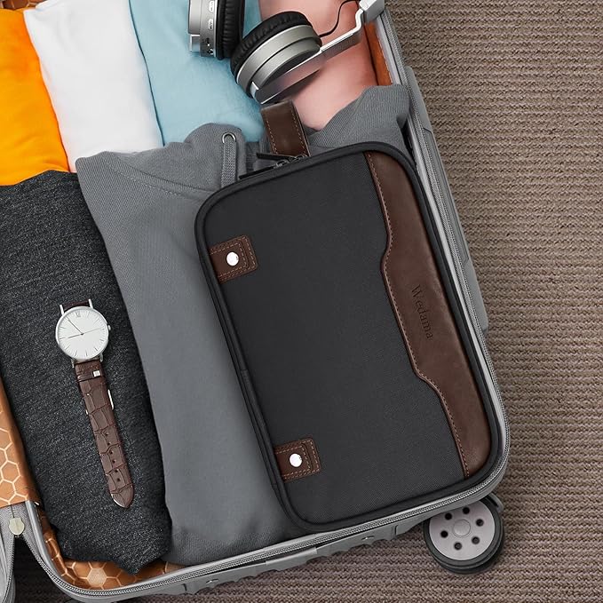 Wedama Toiletry Bag for Men, Medium Hanging Travel Toiletry Bag, Extra Electronic Organizer Bag Waterproof Shaving Bag for Toiletries with PU Handle for Travel Business Trips Swim Camping, Grey