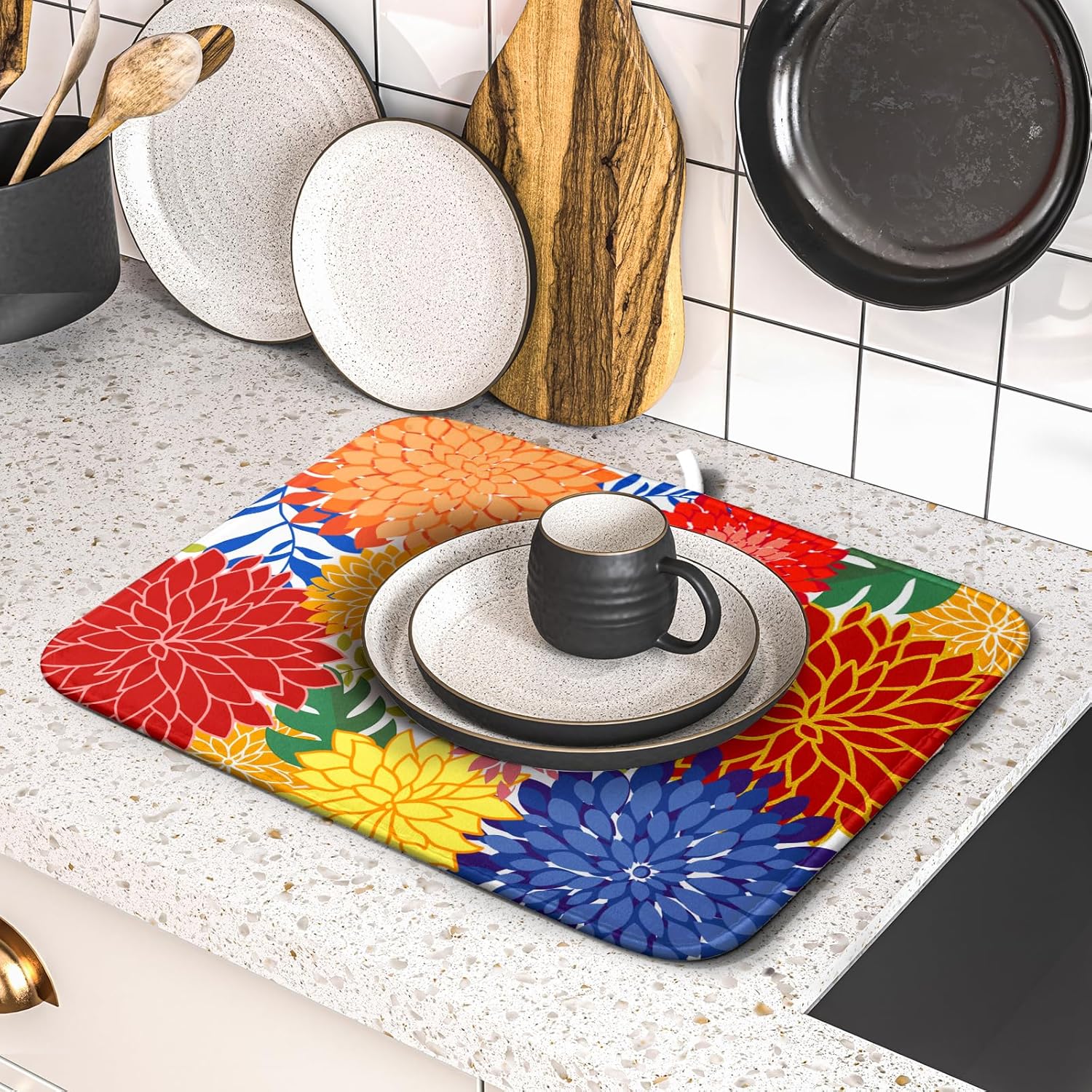 Modern Floral Dish Drying Mat 16x18 in Multicolored Tropical Drying Pad for Kitchen Counter