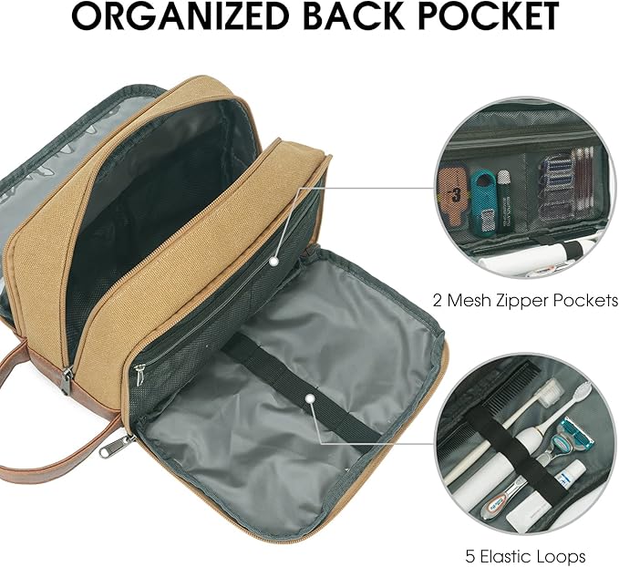 WANDF Travel Toiletry Bag for Men Large Toiletries Shaving Bag Water Resistant Hanging Dopp Kit Travel Accessories Bag for Women Men (Khaki)