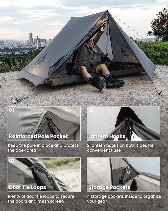 OneTigris HILLRIDGE Backpacking Tent, Waterproof Windproof 2 Person Tent, 20D SIL-Coated Nylon, Single Layer, Ultralight 3 Season Tent for Camping Hiking Canoeing Travel