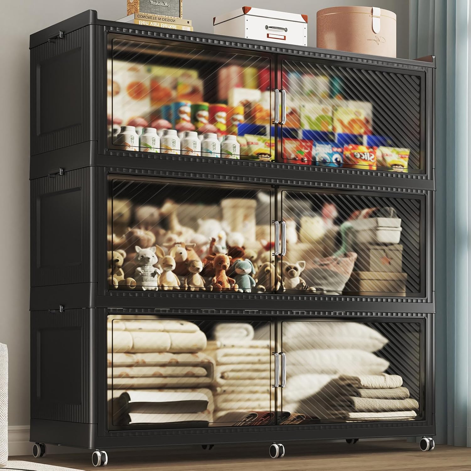 240GAL Extra Large Stackable Storage Bins with Lid, 960QT Plastic Storage Bins with 6x Wheels, Collapsible Closet Organizer and Storage Drawer Cabinet for Living Room Office Dorm, 3Pack Black