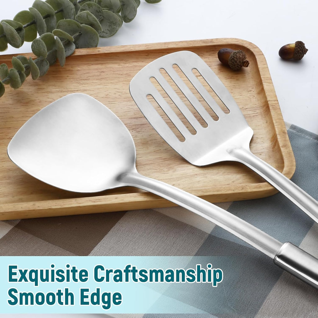 Pleafind 2-Pcs Solid & Slotted Spatula Set, 304 Stainless Steel Spatula, Metal Spatulas, Wok Utensils, Cooking Utensils, Wok Spatulas for Home, Kitchen and Restaurant, Dishwasher Safe