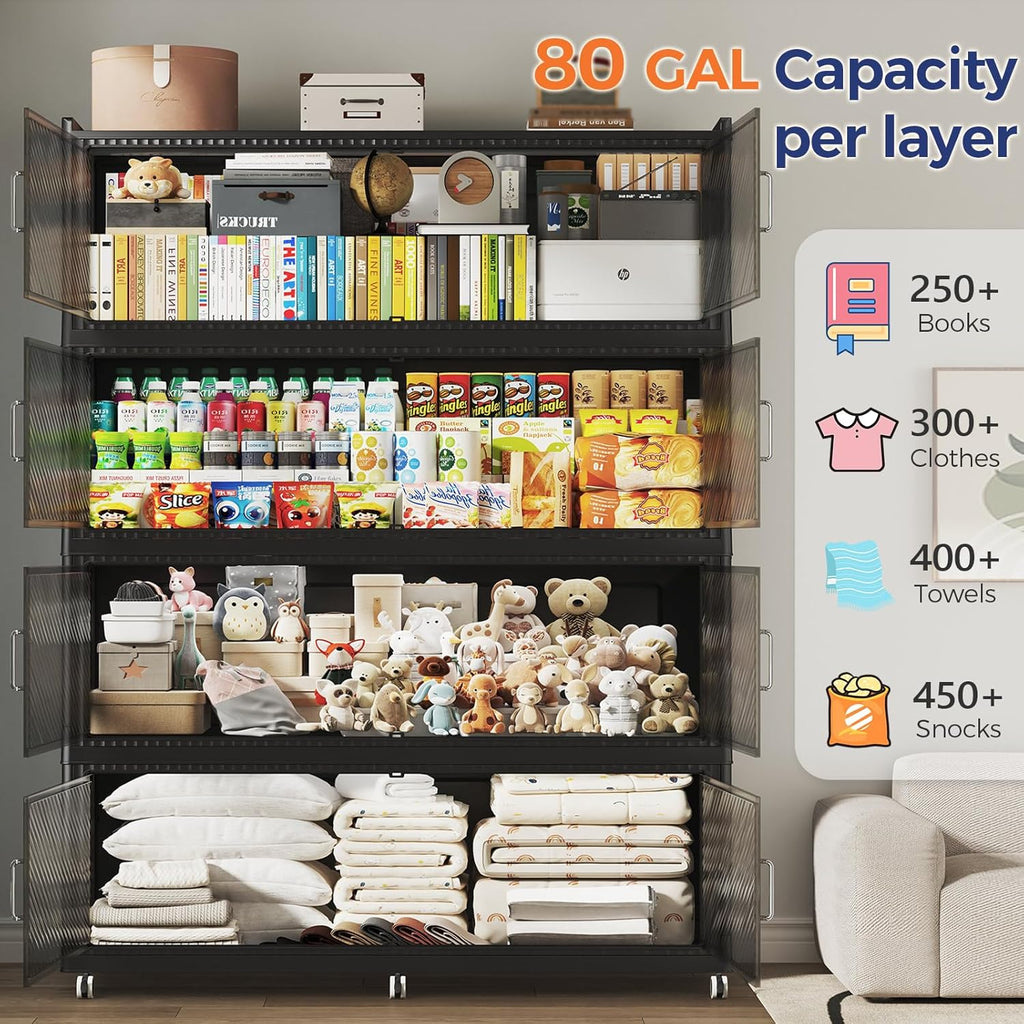 240GAL Extra Large Stackable Storage Bins with Lid, 960QT Plastic Storage Bins with 6x Wheels, Collapsible Closet Organizer and Storage Drawer Cabinet for Living Room Office Dorm, 3Pack Black