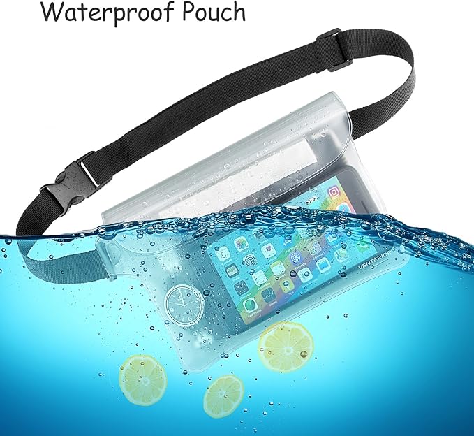 Waterproof Waist Pouch 2-Pack | Beach Accessories Fanny Pack for Swimming Snorkeling Sailing Kayaking Beach Pool Water Parks | Keep Your Phone Wallet Safe and Dry (White & Black)