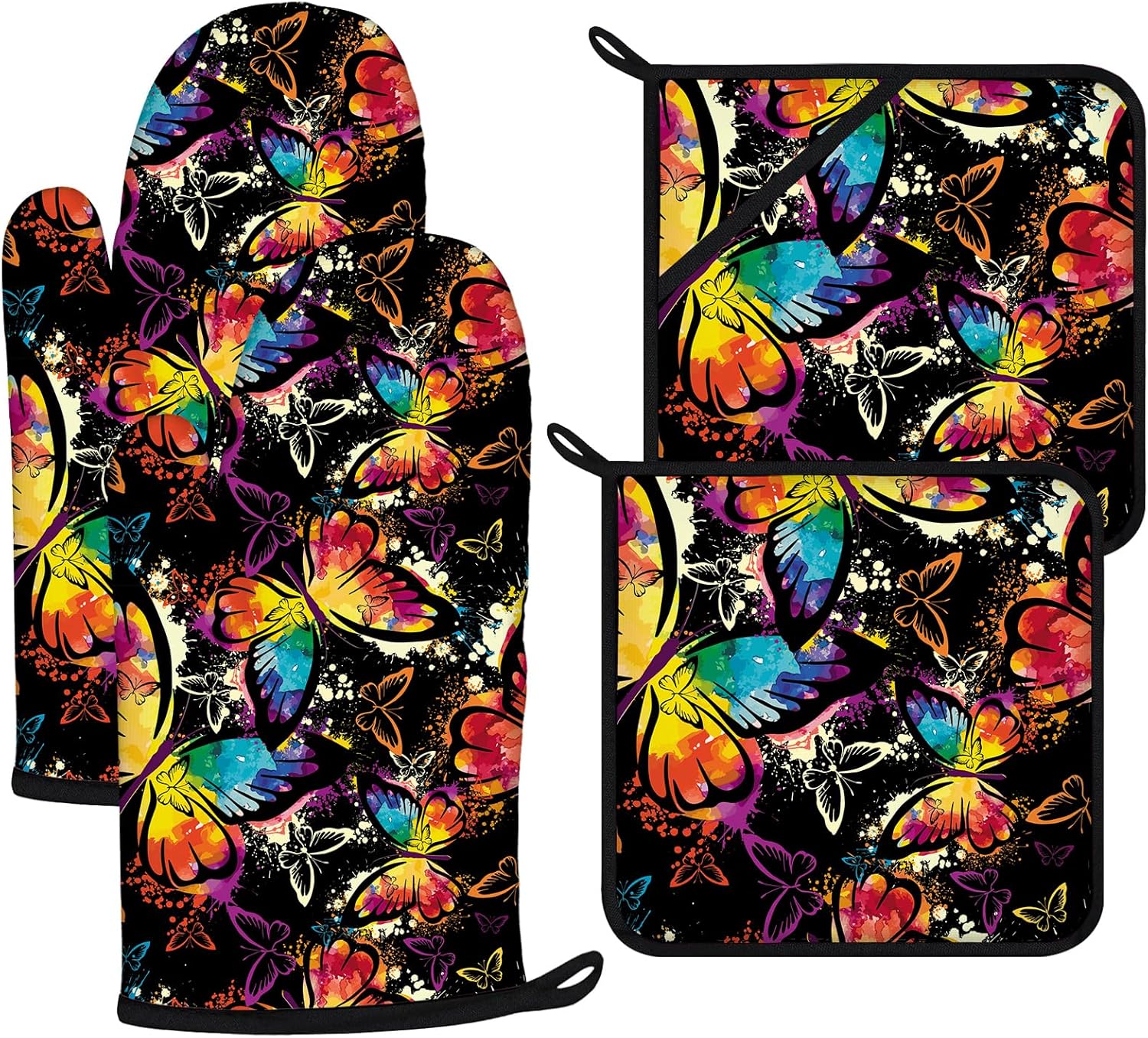 Colorful Butterfly Oven Mitts and Pot Holders Sets 4Pcs,Extra Long Oven Gloves Potholder for Kitchen Cooking Baking BBQ 100% Cotton Heat Resistant