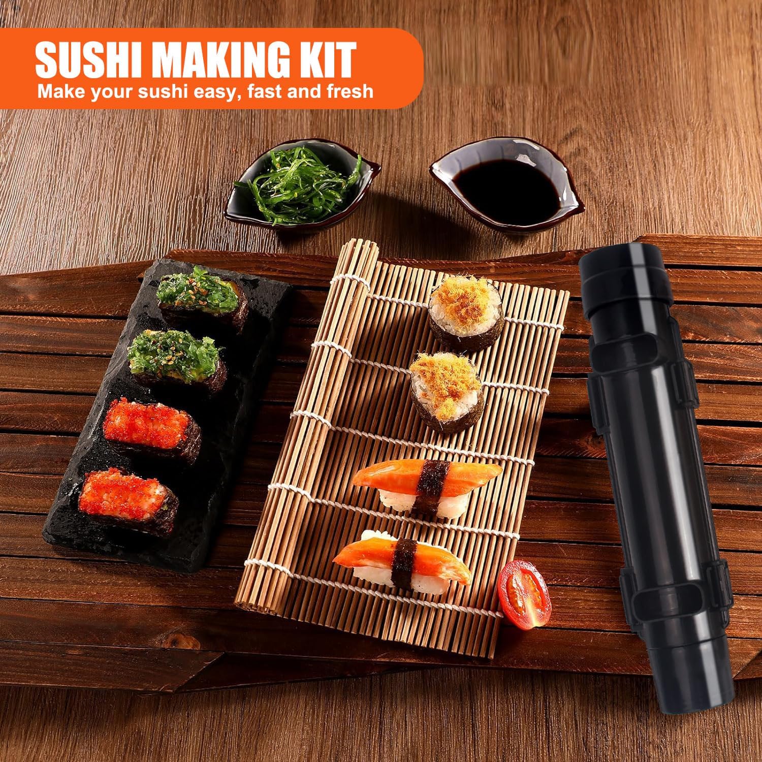 Sushi Making Kit, Sushi Roller, Sushi Bazooka, Sushi Maker, Bamboo Sushi Rolling Mat for Beginners (Black)