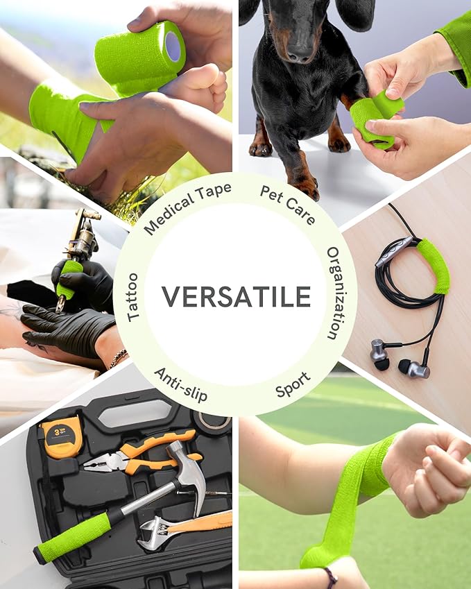 FriCARE Self Adhesive Bandage Wrap, Medical Tape in First Aid Kit, Cohesive Bandages for Wounds Sport Vet, FSA/HSA Eligible, 2 Inches X 5 Yards 6 Rolls, Grass Green