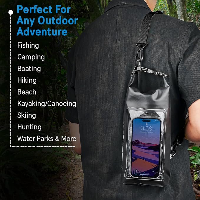 Pelican Marine IP68 Waterproof Dry Bag 2L - Roll Top Waterproof Backpack w/ Phone Case / Pouch - Boating & Kayak Accessories - Essentials for Camping Swimming Beach Fishing Rafting Travel - Black