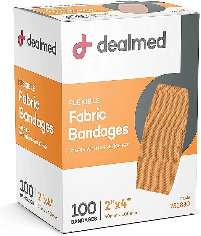 Dealmed Fabric Flexible Adhesive Bandages – 100 Count (2 Pack) Bandages with Non-Stick Pad, Latex Free, Wound Care for First Aid Kit, 2" x 4"