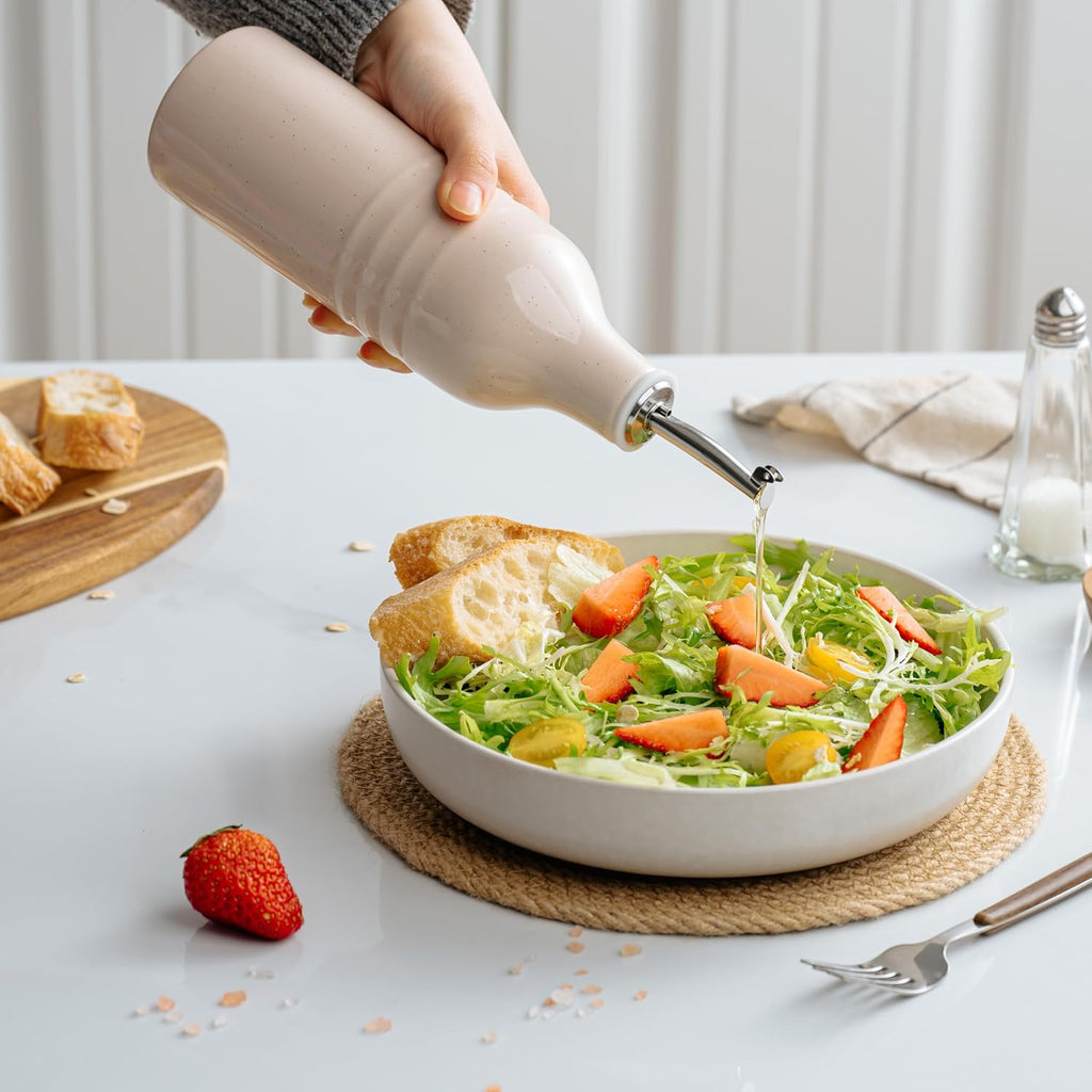 famiware Jupiter 16oz Ceramic Olive Oil Dispenser Bottle, 1 Piece Oil Dispenser for Kitchen with Stainless Steel Pourers, Suitable for Storage Vinegar, Soy Sauce, Coffee Syrup, Light Pink