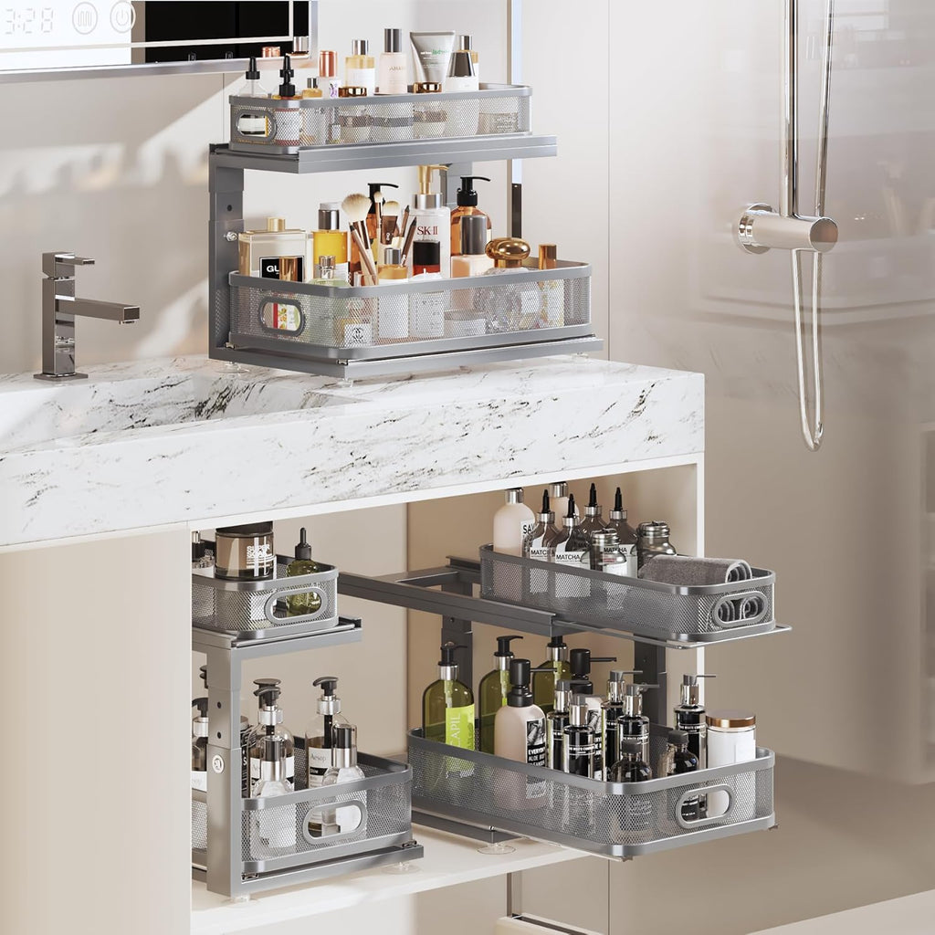 2 Pack 18.5IN-Depth Under Sink Organizer With Next-Gen Ball-Bearing Slides,2-Tier Precision Mesh Pull Out Cabinet Storage for Bathroom&Kitchen,Height Adjustable Drawers Shelf,Anti-rust-Grey