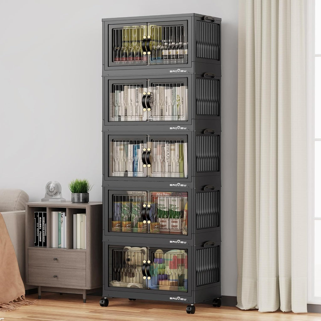 300Qt Stackable Storage Bins with Lid, Extra Large Closet Organizer Collapsible Drawer Boxes with Wheels, Folding Plastic Cabinet Containers for Home Kitchen Room Organization, 5Pack Black