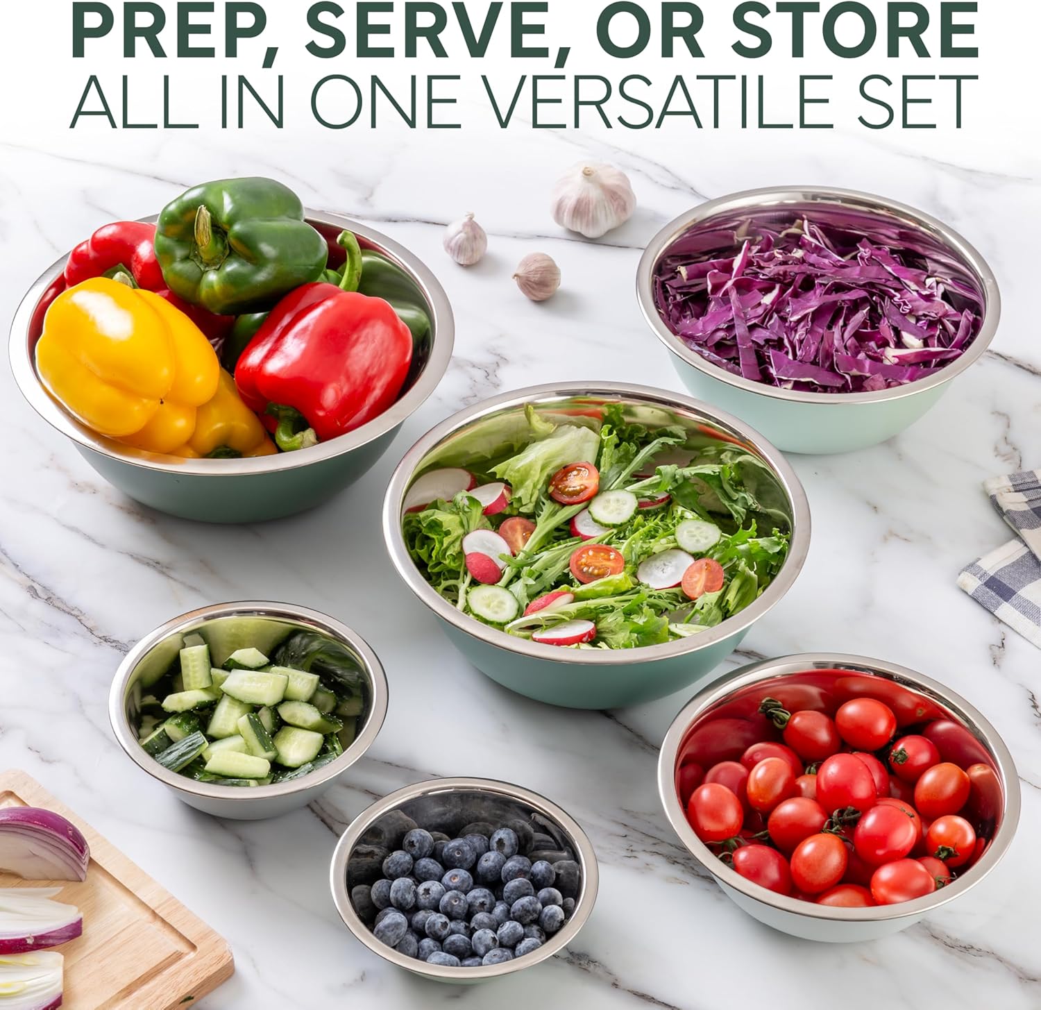 COOK WITH COLOR Stainless Steel Mixing Bowls Set - Nesting Bowls, 6 Pieces, Green