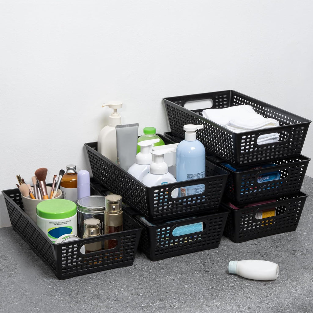 Stackable Woven Plastic Basket, Storage Bins for Cabinet, Closet, Shelf, Under Sink and Countertop, Pantry Organizer Bins, 6 Pack