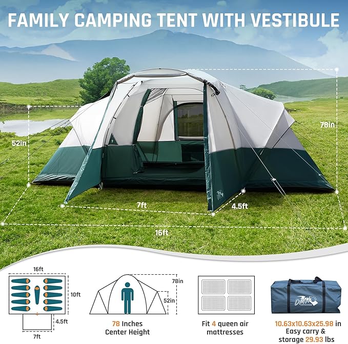 Tents for Camping 6/8/10/11 Person Large Camping Tent with Porch Big Tent with Rainfly & Reflective Windproof Rope Portable with Carry Bag for Family Camping & Hiking