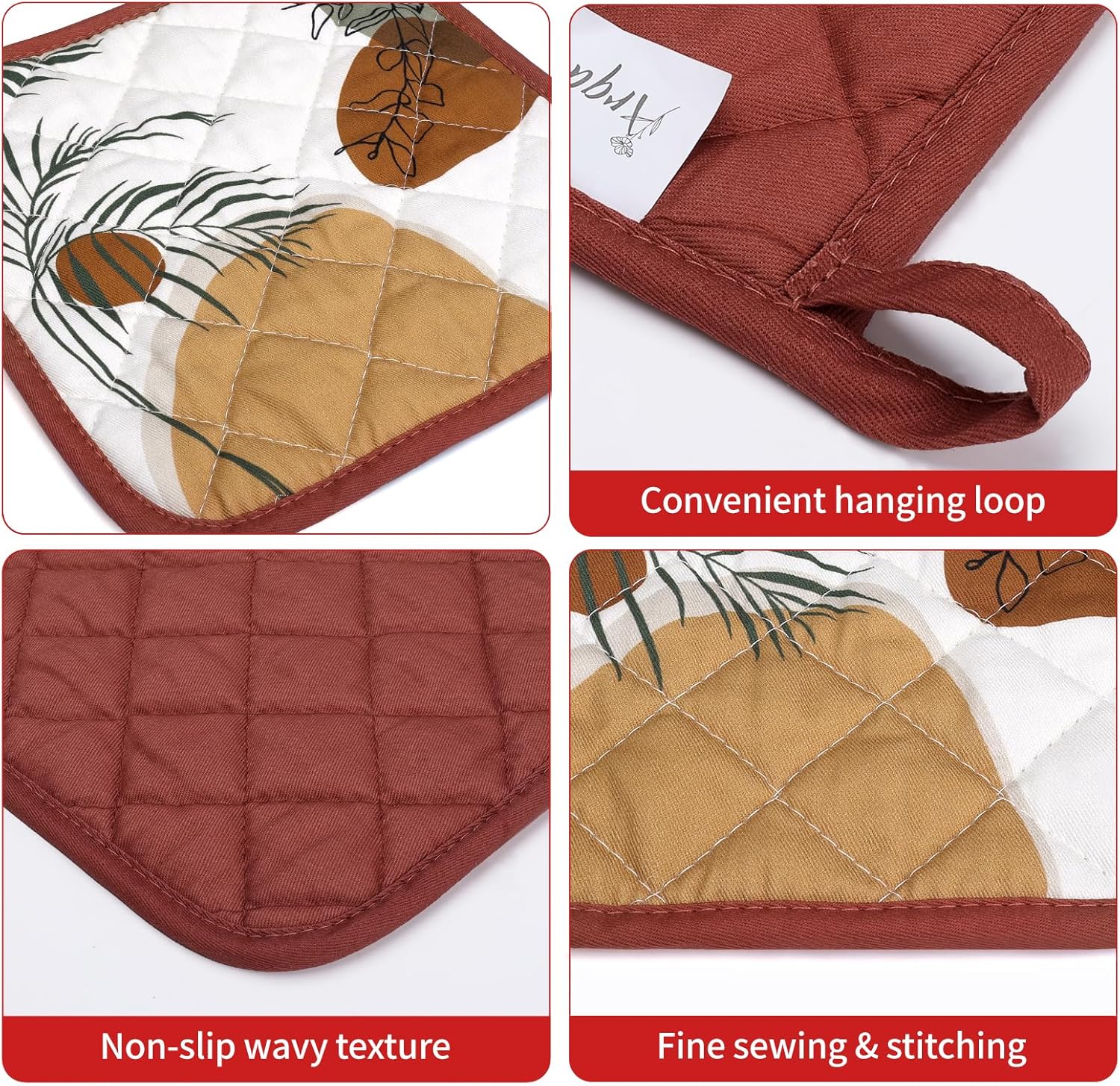 Boho Leaf Oven Mitts and Pot Holders Sets 4Pcs, 100% Cotton Heat Resistant, Extra Long Oven Gloves Potholder for Kitchen Cooking Baking Decoration