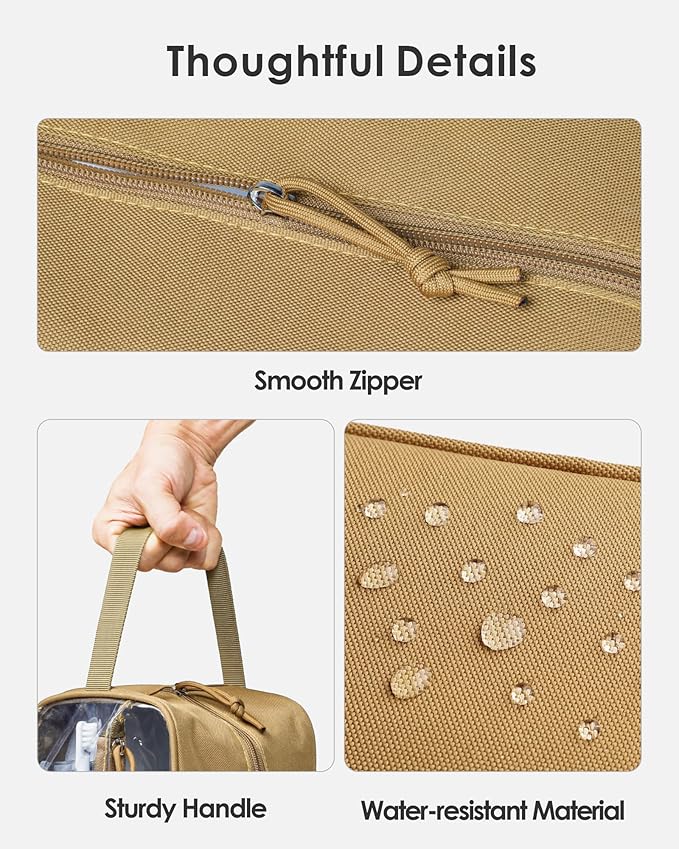 TACTICISM Clear Toiletry Bag for Men - Large Capacity Travel Bag with Handle, See Through Bag with 2 Pockets, Brown