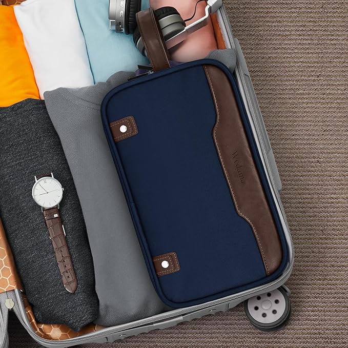 Wedama Toiletry Bag for Men, Large Hanging Travel Toiletry Bag, Extra Electronic Organizer Bag Waterproof Shaving Bag for Toiletries with PU Handle for Travel Business Trips Swim Camping, Blue