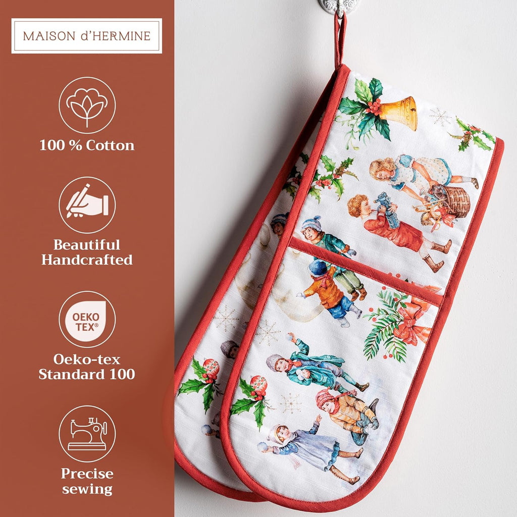 Maison d' Hermine Double Oven Mitts 100% Cotton 7"x35" Double Oven Mitt Heat Resistant BBQ Cooking Gloves with Loop, Baking, Grilling, Home, Kitchen, Handling Hot Pans (Chromo)