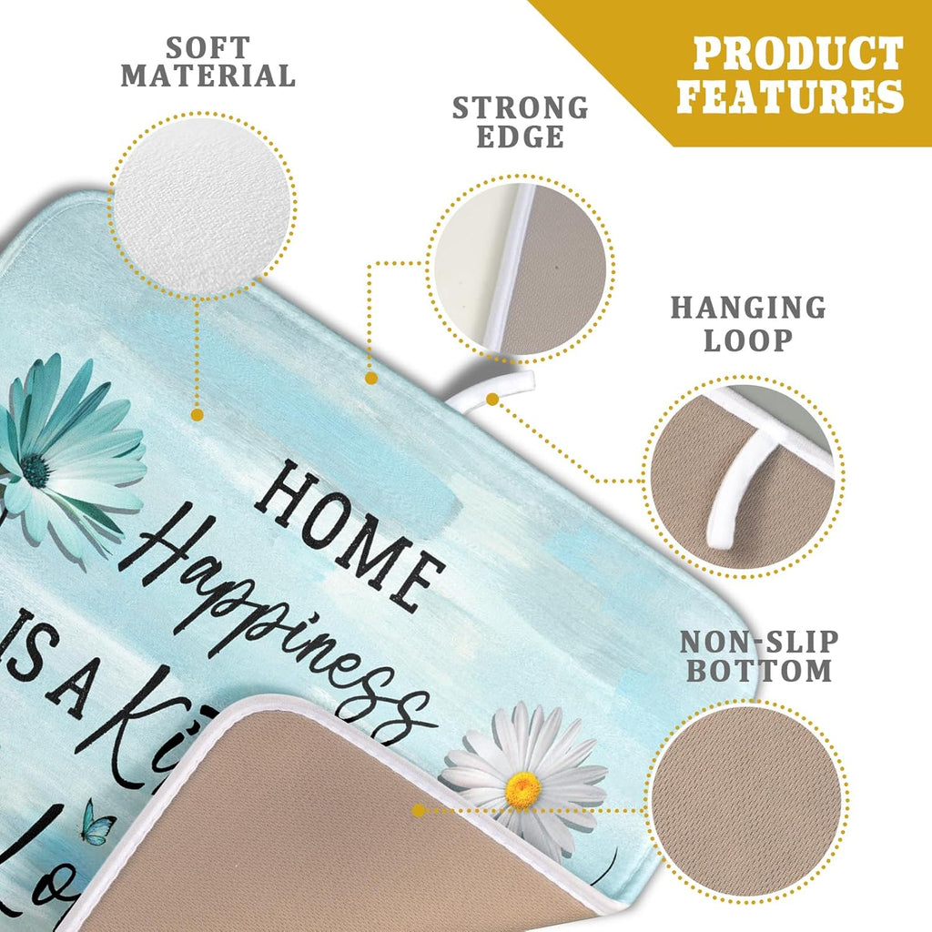 Blue Daisy Dish Drying Mat 16x18 Inch Love Kitchen Absorbent Microfiber Washable Fast Drying Pad Dishes Rack Mat for Kitchen Counter