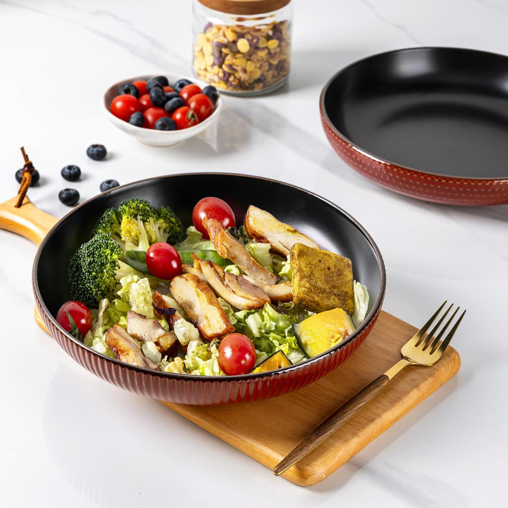 GBHOME 9.5'' Large Pasta Bowls, 42 Ounce Stoneware Salad Bowls for Kitchen, Ceramic Serving Bowls With Textured Pattern for Pasta,Fruit, Stews,Noodle, House-warming Gift, Set of 4-Rythmic Red