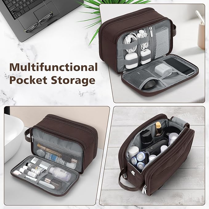 Wedama Toiletry Bag for Men, Medium Hanging Travel Toiletry Bag, Extra Electronic Organizer Bag Waterproof Shaving Bag for Toiletries with PU Handle for Travel Business Trips Swim Camping, Brown