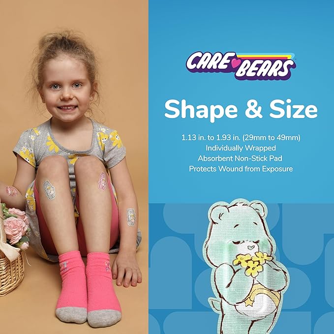 BioSwiss Care Bears Bandages, Baby Care Bear Shaped Self Adhesive Bandage, Latex Free Sterile Wound Care, Fun First Aid Kit Supplies for Kids, 24 Count