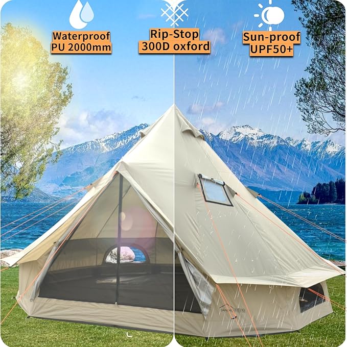 DANCHEL OUTDOOR B2 Waterproof Glamping Yurts for All Year Living with Stove Jack for 4/6 Person, Portable 4 Season Bell Tent for Camping Hot Tent 300D Oxford Nylon Glamping Accessories,13ft/16.4ft