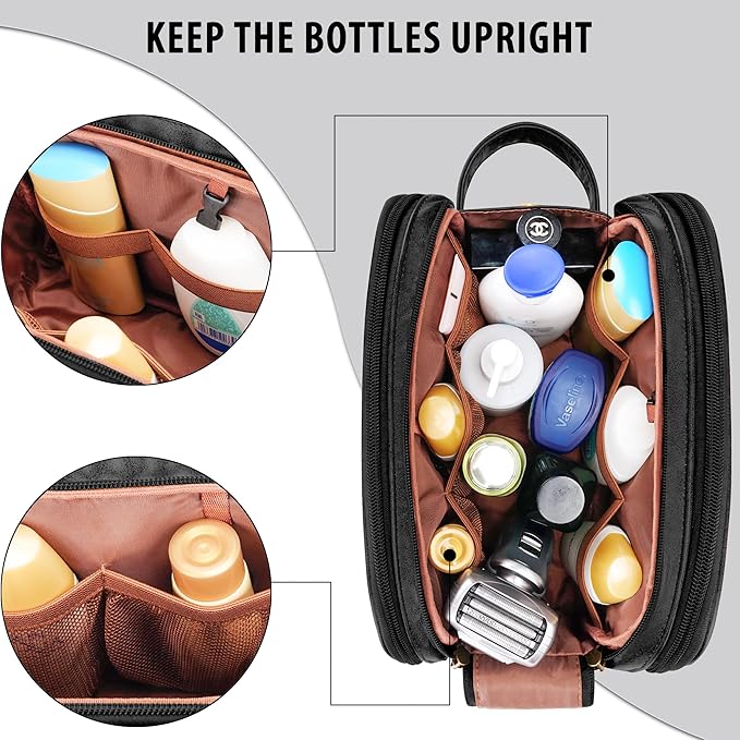 Travel Toiletry Bag for Men, Large Hanging Toiletries Organizer Bags for Women, Cruise Ship Essentials, Water-resistant Shaving Case, PU Leather Makeup Accessories, Cosmetic Dopp Kit, Black