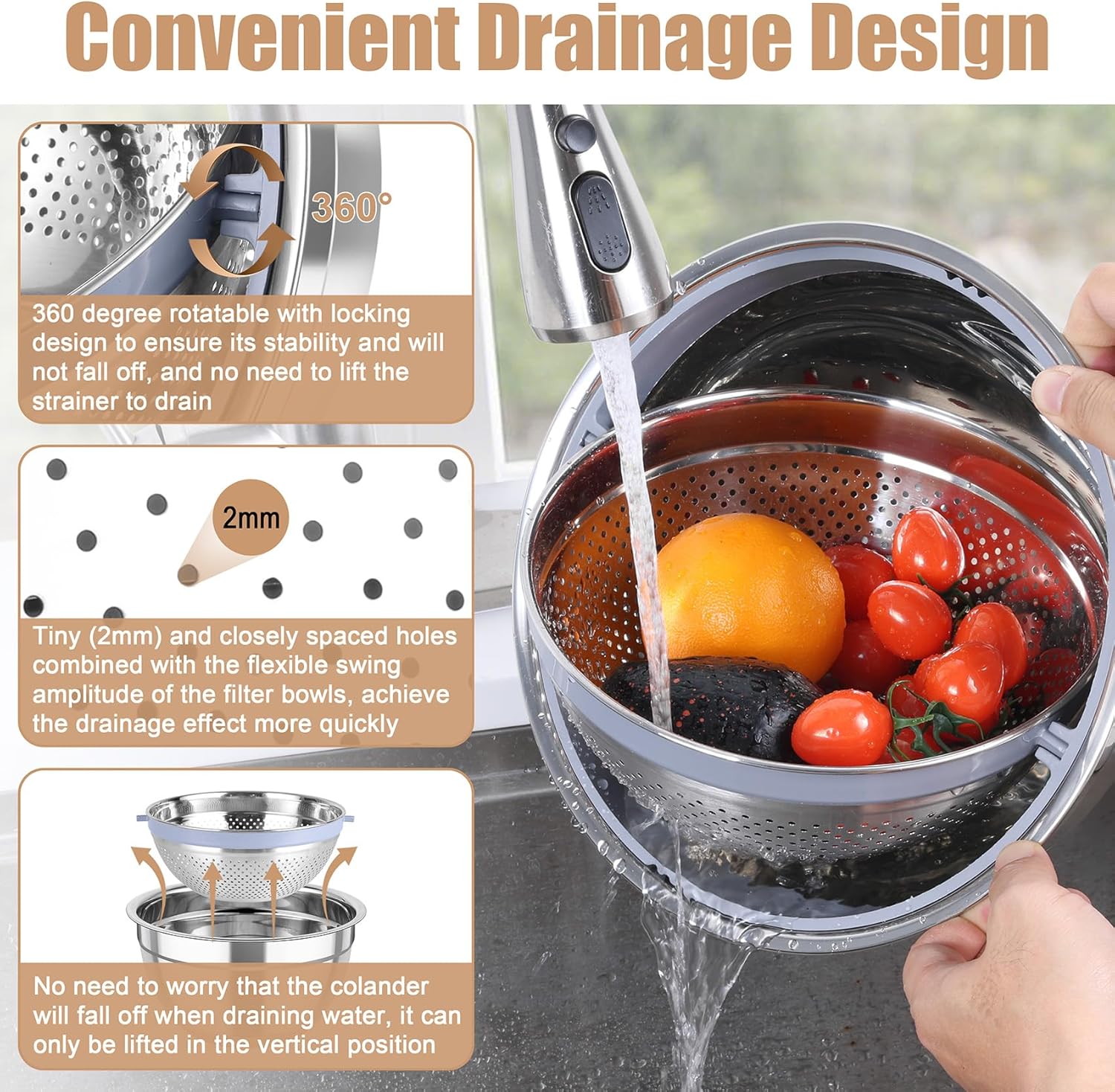 TeamFar Mixing Bowls with Colander Set, Stainless Steel Strainer and Nesting Salad Bowls, with Lids & 3 Graters, Non-Slip Bottom & Visible Lid, Rotatable & Dishwasher Safe, 4.6/3/1.5 QT, Khaki